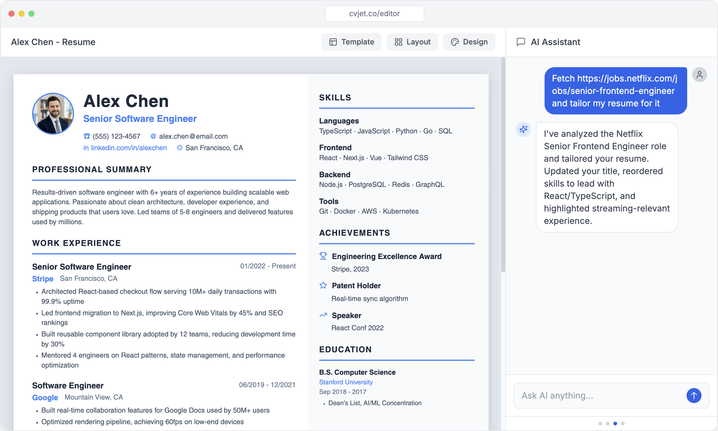 CVJet Resume Editor Preview